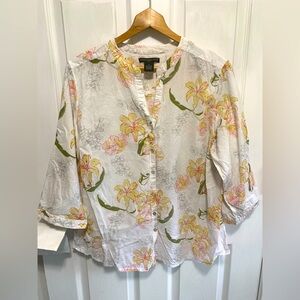 Cottagecore Womens 1X Floral Print Top Button Front Lightweight Cotton Lagenlook